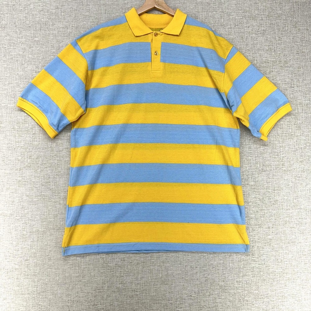PJ Mark‎ Polo Shirt Mens 2XL Yellow Blue Stripe Rugby Short Sleeve Knit Casual